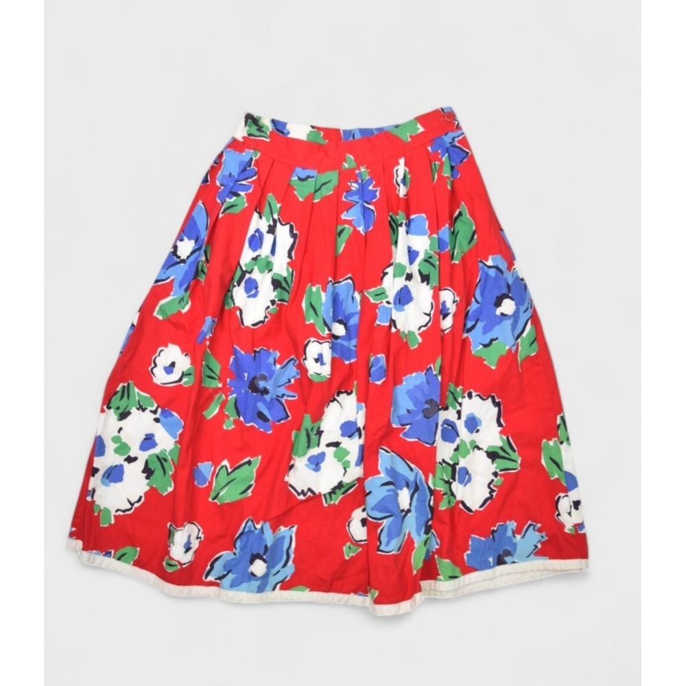 Vintage Floral Skirt Womens 26" Red Pleated Midi Flare 70s Hippy Boho Hawaii